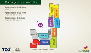 Planta guia pavimento tipo
Apartamentos de 01 dorm.
Final 06
Apartamentos de 02 dorm.
Finais 02, 05, 07, 08 e 10
Apartamentos de 3 dorm.
Finais 01, 03, 04 e 09
FINAL 05
FINAL06
FINAL07FINAL08
FINAL09FINAL10
FINAL 04
FINAL 03
FINAL 02
FINAL01
FRENTE - RUA ALMIRANTE BARROSO
NQ
 