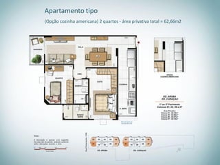 Apartamento tipo
(Opção cozinha americana) 2 quartos - área privativa total = 62,66m2
 