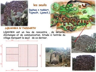 LQAHWA est un lieu de rencontre , de détente,
d’échanges et de communication. Située à l’entrée du
village marquant le seuil de ce dernier.
les seuils
(lqahwa n taddart,
Tajma3t, Ljame3,)
 