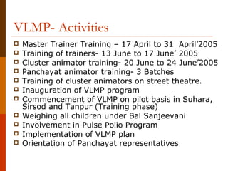 VLMP- Activities
   Master Trainer Training – 17 April to 31 April’2005
   Training of trainers- 13 June to 17 June’ 2005
   Cluster animator training- 20 June to 24 June’2005
   Panchayat animator training- 3 Batches
   Training of cluster animators on street theatre.
   Inauguration of VLMP program
   Commencement of VLMP on pilot basis in Suhara,
    Sirsod and Tanpur (Training phase)
   Weighing all children under Bal Sanjeevani
   Involvement in Pulse Polio Program
   Implementation of VLMP plan
   Orientation of Panchayat representatives
 