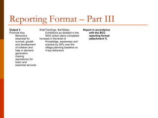 Reporting Format – Part III
Output 3                 Wall Paintings, Bal Melas,            Report in accordance
Promote Key                   Exhibitions as detailed in the       with the BCC
    Behaviors                 NGO action plans completed           reporting format
    essential for        Increase in the level of                  (attachment 7)
    survival, growth          Knowledge, awareness and
    and development           practice by 30% over the
    of children and           village planning baseline on
    help in demand            4 key behaviors
    generation
    (raising
    aspirations) for
    basic and
    essential services
 