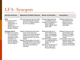 LFA- Synopsis
Narrative Summary           Objectively Verifiable Indicators     Means of Verification       Assumptions


Goal                        30% improvement over and above        Repeat village planning     Sufficient political and
To promote survival,            the agreed baseline across            household survey             administrative will
     growth and                 all the 17 indicators listed in   Analysis of available and        exists for social
     development of             the 19th Nov. Memo                    future data from             development and
     Children in                                                      NFHS, NSSO, RCH,             child rights
     Shivpuri district of                                             SRS, CRS
     Madhya Pradesh

Strategic Result            Analysis, Redressal (at the level     Monitoring Reports on       Sufficient resources and
To enable and support           of the community) and                 Gram Sabhas from             administrative will
     the community so           reference of issues affecting         Govt. Counterparts,          exists at the District
     as to ensure the           children and women in the             NGOs and UNICEF              and Block Level to
     realization of their       Panchayat and in the Gram             Extenders                    accept,
     aspirations for            Sabha                             Monthly Progress Report     continuously monitor and
     survival, growth       Regular representation of issues          on implementation of         address issues which
     and development            affecting children and women          action plan from             might be different
     of their children          in the BLTFs and DLTF and             NGOs                         from line department
                                their timely and effective        Minutes of the Meeting of        programme priorities.
                                redressal                             DLTF, BLTF and
                                                                      Review Meetings
 