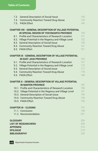 viii Village Potential in Drug Abuse Prevention
7.3.	 General Description of Social Issue
7.4.	 Community Reaction Toward Drug Abuse
7.5.	 P4GN Effort		
CHAPTER VIII - GENERAL DESCRIPTION OF VILLAGE POTENTIAL
	 IN SPECIAL REGION OF YOGYAKARTA PROVINCE
8.1.	 Profile and Characteristics of Research Location 	
8.2.	 Village Potential in the Regency and Village Level
8.3.	 General Description of Social Issue
8.4.	 Community Reaction Toward Drug Abuse
8.5.	 P4GN Effort
CHAPTER IX - GENERAL DESCRIPTION OF VILLAGE POTENTIAL
	 IN EAST JAVA PROVINCE
9.1.	 Profile and Characteristics of Research Location	
9.2.	 Village Potential in the Regency and Village Level	
9.3.	 General Description of Social Issue
9.4.	 Community Reaction Toward Drug Abuse
9.5.	 P4GN Effort
CHAPTER X - GENERAL DESCRIPTION OF VILLAGE POTENTIAL
	 IN BANTEN PROVINCE
10.1. Profile and Characteristics of Research Location
10.2. Village Potential in the Regency and Village Level	
10.3. General Description of Social Issue
10.4. Community Reaction Toward Drug Abuse
10.5. P4GN Effort
CHAPTER XI - CLOSING
11.1. Conclusion
11.2. Recommendation
GLOSSARY	
LIST OF RESEARCHERS
APPENDIX	
EPILOGUE
BIBLIOGRAPHY	
viii
143
145
146
149
151
152
159
161
161
165
167
170
177
178
184
187
189
191
194
194
195
197
199
201
206
209
210
219
220
Table of Contents
Village Potential in Drug Abuse Prevention
 