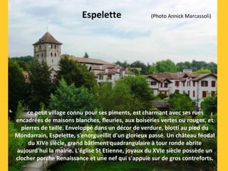 ce petit village connu pour ses piments, est charmant avec ses rues 
encadrées de maisons blanches, fleuries, aux boiseries vertes ou rouges, et 
pierres de taille. Enveloppé dans un décor de verdure, blotti au pied du 
Mondarrain, Espelette, s'enorgueillit d'un glorieux passé. Un château féodal 
du XIVe siècle, grand bâtiment quadrangulaire à tour ronde abrite 
aujourd'hui la mairie. L'église St Etienne, joyaux du XVIe siècle possède un 
clocher porche Renaissance et une nef qui s'appuie sur de gros contreforts.
Espelette             (Photo Annick Marcassoli)
 