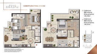 Ilustração artística da cobertura final 01 e 02. A sugestão de
decoração, os móveis e utensílios são de dimensões comerciais e não
fazem parte do contrato de compra e venda. Os revestimentos,
bancadas, louças e metais serão entregues conforme Memorial
Descritivo do empreendimento. Medidas de eixo a eixo.
Cobertura
501 Inferior
Área privativa:
149,35m2
Cobertura
502 Inferior
Área privativa:
149,41m2
 
