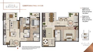 Ilustração artística da cobertura final 04 e 05. A sugestão de decoração,
os móveis e utensílios são de dimensões comerciais e não fazem parte
do contrato de compra e venda. Os revestimentos, bancadas, louças e
metais serão entregues conforme Memorial Descritivo do
empreendimento. Medidas de eixo a eixo.
Cobertura
504 Inferior
Área privativa:
142,69m2
Cobertura
505 Inferior
Área privativa:
142,69m2
 