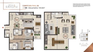 Ilustração artística da cobertura final 08 A sugestão de decoração,
os móveis e utensílios são de dimensões comerciais e não fazem
parte do contrato de compra e venda. Os revestimentos, bancadas,
louças e metais serão entregues conforme Memorial Descritivo do
empreendimento. Medidas de eixo a eixo.
508 - Área privativa: 135,52m2
 