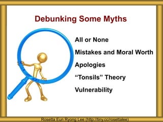 Debunking Some Myths
Rosetta Eun Ryong Lee (http://tiny.cc/rosettalee)
 All or None
 Mistakes and Moral Worth
 Apologies
 “Tonsils” Theory
 Vulnerability
 