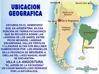 ESTAMOS EN EL HEMISFERIO SUR, EN  ARGENTINA , EN ESA PORCIÓN DE TIERRA PATAGONICA QUE SE RECUESTA SOBRE LAS  LADERAS DE LOS ANDES, ENTRE  PICOS NEVADOS, LADERAS ESCARPADAS, VALLES FÉRTILES Y LLANURAS ALTAS CON MALLINES HUMEDECIDOS POR  LOS DESHIELOS. EN LA PROVINCIA DE  NEUQUEN , A  ORILLAS DEL LAGO NAHUAL HUAPI SE ENCUENTRA: VILLA LA ANGOSTURA , “ EL JARDÍN DE LA PATAGONIA” UN LUGAR MARAVILLOSO RODEADO POR LA NATURALEZA. UBICACION  GEOGRAFICA 