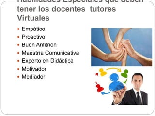 Habilidades Especiales que deben 
tener los docentes tutores 
Virtuales 
 Empático 
 Proactivo 
 Buen Anfitrión 
 Maestría Comunicativa 
 Experto en Didáctica 
 Motivador 
 Mediador 
 