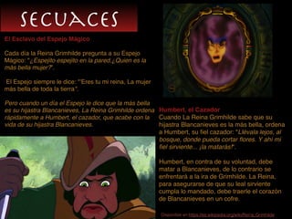 Secuaces
El Esclavo del Espejo Mágico
Cada día la Reina Grimhilde pregunta a su Espejo
Mágico: "¿Espejito espejito en la pared,¿Quien es la
más bella mujer?”.
El Espejo siempre le dice: "'Eres tu mi reina, La mujer
más bella de toda la tierra".
Pero cuando un día el Espejo le dice que la más bella
es su hijastra Blancanieves, La Reina Grimhilde ordena
rápidamente a Humbert, el cazador, que acabe con la
vida de su hijastra Blancanieves.
Humbert, el Cazador
Cuando La Reina Grimhilde sabe que su
hijastra Blancanieves es la más bella, ordena
a Humbert, su ﬁel cazador: "Llévala lejos, al
bosque, donde pueda cortar ﬂores. Y ahí mi
ﬁel sirviente... ¡la matarás!".
Humbert, en contra de su voluntad, debe
matar a Blancanieves, de lo contrario se
enfrentará a la ira de Grimhilde. La Reina,
para asegurarse de que su leal sirviente
cumpla lo mandado, debe traerle el corazón
de Blancanieves en un cofre.
Disponible en:https://es.wikipedia.org/wiki/Reina_Grimhilde
 