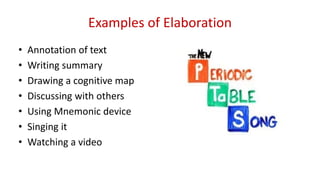 Examples of Elaboration
• Annotation of text
• Writing summary
• Drawing a cognitive map
• Discussing with others
• Using ...