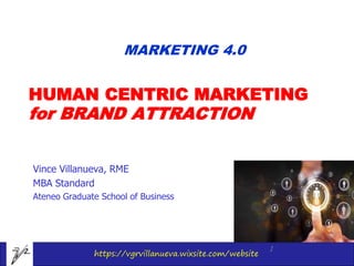 https://vgrvillanueva.wixsite.com/website
1
HUMAN CENTRIC MARKETING
for BRAND ATTRACTION
Vince Villanueva, RME
MBA Standard
Ateneo Graduate School of Business
MARKETING 4.0
 