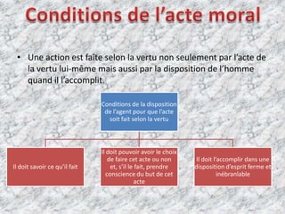 Une action est faîte selon la vertu non seulement par l’acte de la vertu lui-même mais aussi par la disposition de l’homme quand il l’accomplit.Conditions de l’acte moral