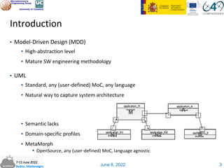 June 8, 2022
N2 B
N1
M A
Introduction
▪ Model-Driven Design (MDD)
▪ High-abstraction level
▪ Mature SW engineering methodology
▪ UML
▪ Standard, any (user-defined) MoC, any language
▪ Natural way to capture system architecture
3
▪ Semantic lacks
▪ Domain-specific profiles
▪ MetaMorph
▪ OpenSource, any (user-defined) MoC, language agnostic
 