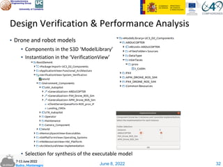 June 8, 2022
▪ Drone and robot models
▪ Components in the S3D ‘ModelLibrary’
▪ Instantiation in the ‘VerificationView’
▪ Selection for synthesis of the executable model
Design Verification & Performance Analysis
32
 