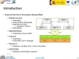 June 8, 2022
Introduction
▪ State-of-the-Art in Simulation-Based MDD
▪ Matlab-Simulink
▪ Proprietary
▪ only one MoC, M language
▪ Application to UAVs
▪ Autopilot + Physics
▪ ROS toolbox
▪ AMeSIM/ANSyS
▪ Proprietary, only one MoC
▪ CoFluent
▪ Proprietary
▪ a few MoCs, C/C++ language
▪ Ptolemy II
▪ Academic, any MoC, C/C++ inside a Java block
▪ HEPSYCODE
▪ Academic, several MoCs, SystemC
▪ …
5
M2C
MWs VMs OSs
Python Java C++ GO Swift…
 