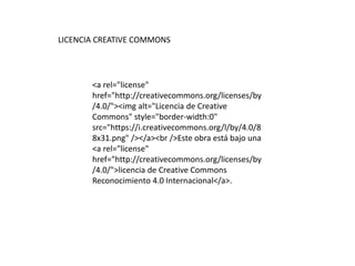 <a rel="license"
href="http://creativecommons.org/licenses/by
/4.0/"><img alt="Licencia de Creative
Commons" style="border-width:0"
src="https://i.creativecommons.org/l/by/4.0/8
8x31.png" /></a><br />Este obra está bajo una
<a rel="license"
href="http://creativecommons.org/licenses/by
/4.0/">licencia de Creative Commons
Reconocimiento 4.0 Internacional</a>.
LICENCIA CREATIVE COMMONS
 