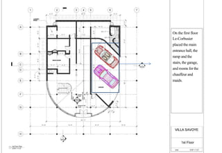 On the first floor
Le-Corbusier
placed the main
entrance hall, the
ramp and the
stairs, the garage,
and rooms for the
chauffeur and
maids.
 
