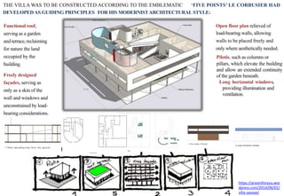 THE VILLA WAS TO BE CONSTRUCTED ACCORDING TO THE EMBLEMATIC ‘FIVE POINTS’ LE CORBUSIER HAD
DEVELOPEDAS GUIDING PRINCIPLES FOR HIS MODERNISTARCHITECTURAL STYLE:
Functional roof,
serving as a garden
and terrace,reclaiming
for nature the land
occupied by the
building.
Open floor plan relieved of
load-bearing walls, allowing
walls to be placed freely and
only where aesthetically needed.
Pilotis, such as columns or
pillars, which elevate the building
and allow an extended continuity
of the garden beneath.
Long horizontal windows,
providing illumination and
ventilation.
Freely designed
façades, serving as
only as a skin of the
wall and windows and
unconstrained by load-
bearing considerations.
https://aroomforyou.wor
dpress.com/2014/06/01/
villa-savoye/
 