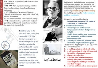 •
(Sw
•
Perret
t
•
[T
m
•
•
es
t
1887 Born on 6 October in La-Chaux-de-Fonds
itzerland).
1908-1909 Work experience training with the
brothers: study of reinforced concrete
echniques.
1923 Publication of Vers une architecture
owards an Architecture], a veritable “bible” of
odern architecture.
1931 Completion of the Villa Savoye in Poissy.
1945 Finalisation of Le Corbusier’s Modulor,
tablishing architectural proportions based on
he scale of the human body.
Le Corbusier studied classical architecture
during several voyages and discovered the
solid bases of classical architecture, and was
also curious to explore other cultures. He
continually mixed heritage and modernity.
His buildings are found in twelve countries
and four continents.
His work is now considered as the
international emblem of the Modern
Movement in architecture.
It provided new solutions:
• Inventing a new architectural
language: architecture that gives way
to light
Modernizing architectural techniques
and technology: architecture that
develops upwards
Meeting the social and personal needs
of modern people: functional spaces
Location:-Lying on the
outskirts of Paris, France, and
completedin 1931,Villa
Savoye was designed as a
private country house by the
Swiss-born architect, Le
Corbusier. Itquickly became
one of the most influential
buildings in the International
style ofarchitecture and
cemented Le Corbusier’s
reputation as one of the most
important architects of the 20th
century.
•
•
He developed the principles of five key points
for a new architecture:
1.
2.
a building raised on pilotis pile stilts,
a self-supporting structural framework
formed by columns and beams,
glazed external walls,
a flexible open plan (without load-
bearing walls) that can be adapted
according to the building’s functions
and their changes,
a terrace roof that acts as a roof garden
3.
4.
5.
T
I
M
E
L
I
N
E
 