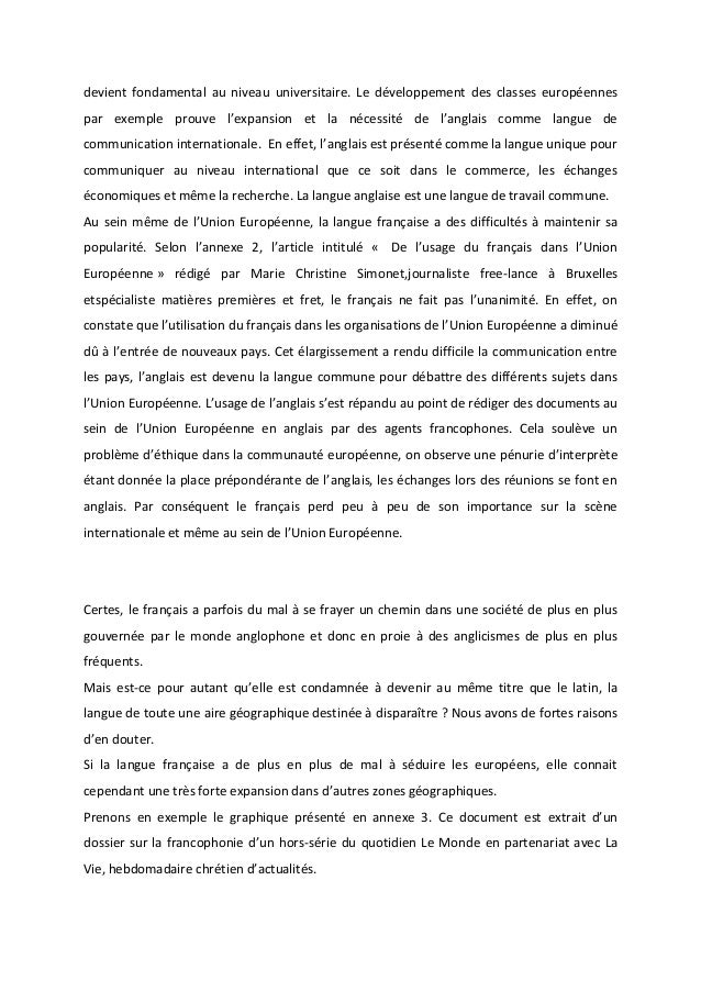 Synthese De Documents Evolution De La Langue Francaise Dans Le Monde