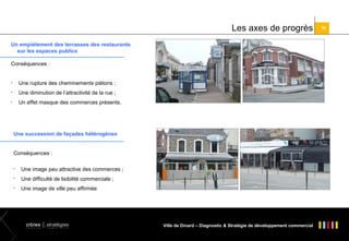 Les axes de progrès
Un empiètement des terrasses des restaurants
sur les espaces publics
Conséquences :



Une rupture des cheminements piétons ;



Une diminution de l’attractivité de la rue ;



Un effet masque des commerces présents.

Une succession de façades hétérogènes
Conséquences :


Une image peu attractive des commerces ;



Une difficulté de lisibilité commerciale ;



Une image de ville peu affirmée

Ville de Dinard – Diagnostic & Stratégie de développement commercial

10

 