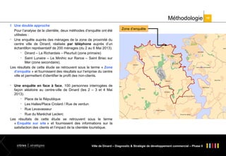 Méthodologie
l Une double approche
Pour l’analyse de la clientèle, deux méthodes d’enquête ont été
utilisées :

Une enquête auprès des ménages de la zone de proximité du
centre ville de Dinard, réalisée par téléphone auprès d’un
échantillon représentatif de 200 ménages (du 2 au 6 Mai 2013).

Dinard – La Richardais – Pleurtuit (zone primaire)

Saint Lunaire – Le Minihic sur Rance – Saint Briac sur
Mer (zone secondaire).
Les résultats de cette étude se retrouvent sous le terme « Zone
d’enquête » et fournissent des résultats sur l’emprise du centre
ville et permettent d’identifier le profil des non-clients.

Zone d’enquête

Une enquête en face à face, 100 personnes interrogées de
façon aléatoire au centre-ville de Dinard (les 2 – 3 et 4 Mai
2013).

Place de la République

Les Halles/Place Crolard / Rue de verdun

Rue Levavasseur

Rue du Maréchal Leclerc
Les résultats de cette étude se retrouvent sous le terme
« Enquête sur site » et fournissent des informations sur la
satisfaction des clients et l’impact de la clientèle touristique.


Ville de Dinard – Diagnostic & Stratégie de développement commercial – Phase II

19

 
