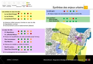 Bon
Moyen
Ambiance Continuité
d’achat commerciale

Accessibilité
Visibilité de
Stationnement
l’offre

Médiocre

Les entrées en cœur de ville :
La rue Saint Enogat,



Le boulevard Féart.

► Enjeux majeur de raccordement du pôle au centre-ville.

La rue Verdun,



Le pôle gare

Les quartiers :

Saint Enogat,

Saint Alexandre.

   
   

► Absence d’effet marqueur d’entrée en cœur de ville.
► Signalisation confuse.
► Environnement (voirie et stationnement) délaissé.
Le cœur de ville :


Pl. République,



Saint Enogat

Pl. Joffre/bd Wilson,

Rue
Sai
nt E
nog
at

► Enjeux de requalification de cette centralité (projet Verney).

Rue Maulion,
► Manque de visibilité ou d’effet d’invitation.



Rue M. Leclerc,



Rues Paix /Churchill

Saint
Alexandre

Ve
rd
u



n

Rue Levavasseur

Ru
e



Centreville

► Un aménagement de rue à poursuivre.

Gare

Boule
v
Boulev ard Fé
ard Féa rt
a
rt



Synthèse des enjeux urbains

Ville de Dinard – Diagnostic & Stratégie de développement commercial

9

 