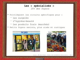 Les « spécialisés »  20% des foyers Privilégient les circuits spécifiques pour : Les surgelés L’hygiène-beauté Les produits frais (marchés) Petits foyers seniors, plus aisés et rustiques Source : TNS World Panel – étude « Les consommateurs face au prix » - CAM P13 