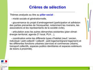 Crières de sélection
Thèmes analysés au titre au pilier social :
- mixité sociale et générationnelle,
- gouvernance du projet d’aménagement (participation et adhésion
des parties prenantes de l’écoquartier, notamment les riverains, les
associations et les représentants de la société civile),
- articulation avec les autres démarches existantes (plan climaténergie territorial, agenda 21 local, PLH…),
- coordination entre les différents types d’habitat (neuf / ancien,
individuel / petit collectif / collectif - petit logement/grand logement) et
les différentes fonctions urbaines (services et commerces urbains,
transport collectifs, espaces publics identitaires et espaces extérieurs
de loisirs à proximité).

11 11

 