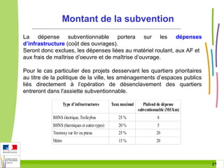 Montant de la subvention
La dépense subventionnable portera sur les
dépenses
d’infrastructure (coût des ouvrages).
Seront donc exclues, les dépenses liées au matériel roulant, aux AF et
aux frais de maîtrise d’oeuvre et de maîtrise d’ouvrage.
Pour le cas particulier des projets desservant les quartiers prioritaires
au titre de la politique de la ville, les aménagements d’espaces publics
liés directement à l’opération de désenclavement des quartiers
entreront dans l'assiette subventionnable.
Type d’infrastructures

Taux maximal

Plafond de dépense
subventionnable (M€/km)

BHNS électrique, Trolleybus

25 %

8

BHNS (thermiques et autres types)

20 %

5

Tramway sur fer ou pneus

25 %

20

Métro

15 %

20

27 27

 