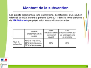 Montant de la subvention
Les projets sélectionnés, une quarantaine, bénéficieront d’un soutien
financier de l’Etat durant la période 2009-2011 dans la limite annuelle
de 120 000 euros par projet selon les conditions suivantes :

Coût de
fonctionnement du
service
Taux de
subvention

70 % la 1ère année,
50 % la 2ème année,
30 % la 3ème année

Coût
Coût
d'investissement d'investissement sur
en matériel
les aménagements
roulant
de proximité
50%

25%

35 35

 