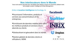 Nos interlocuteurs dans le Monde
Vous ne le saviez peut être pas, les leaders des réseaux sociaux et commerce utilisent notre
technologie Location Intelligence & Data Management.
Grâce à Location Intelligence technology, ils
Fournissent l’information, produits et
services aux consommateurs et les
entreprises.
Enrichissent de données mobiles pour offrir
les meilleurs produits et services à leurs
abonnés ou clients
Géolocalisent et géocodent dans le monde.
Gestion globale de données clients et
utilisateurs. MDM
 