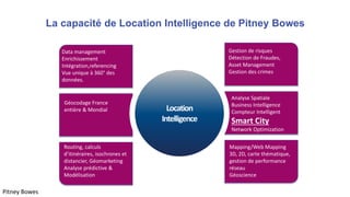 La capacité de Location Intelligence de Pitney Bowes
Location
Intelligence
Data management
Enrichissement
Intégration,referencing
Vue unique à 360° des
données.
Géocodage France
entière & Mondial
Routing, calculs
d’itinéraires, isochrones et
distancier, Géomarketing
Analyse prédictive &
Modélisation
Gestion de risques
Détection de Fraudes,
Asset Management
Gestion des crimes
Analyse Spatiale
Business Intelligence
Compteur Intelligent
Smart City
Network Optimization
Mapping/Web Mapping
3D, 2D, carte thématique,
gestion de performance
réseau
Géoscience
Pitney Bowes
 