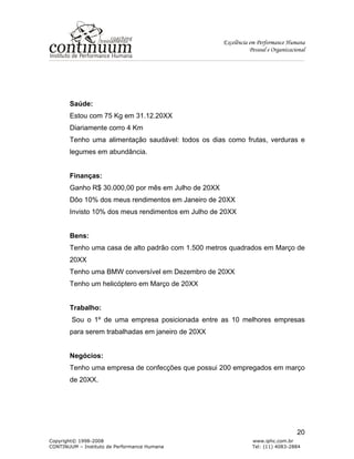 Excelência em Performance Humana
Pessoal e Organizacional
Copyright© 1998-2008 www.iphc.com.br
CONTINUUM – Instituto de Performance Humana Tel: (11) 4083-2884
20
Saúde:
Estou com 75 Kg em 31.12.20XX
Diariamente corro 4 Km
Tenho uma alimentação saudável: todos os dias como frutas, verduras e
legumes em abundância.
Finanças:
Ganho R$ 30.000,00 por mês em Julho de 20XX
Dôo 10% dos meus rendimentos em Janeiro de 20XX
Invisto 10% dos meus rendimentos em Julho de 20XX
Bens:
Tenho uma casa de alto padrão com 1.500 metros quadrados em Março de
20XX
Tenho uma BMW conversível em Dezembro de 20XX
Tenho um helicóptero em Março de 20XX
Trabalho:
Sou o 1º de uma empresa posicionada entre as 10 melhores empresas
para serem trabalhadas em janeiro de 20XX
Negócios:
Tenho uma empresa de confecções que possui 200 empregados em março
de 20XX.
 