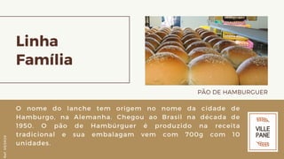 Linha
Família
PÃO DE HAMBURGUER
O nome do lanche tem origem no nome da cidade de
Hamburgo, na Alemanha. Chegou ao Brasil na década de
1950. O pão de Hambúrguer é produzido na receita
tradicional e sua embalagam vem com 700g com 10
unidades.
Ref.05/2K20
 