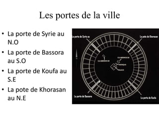 Les portes de la ville
• La porte de Syrie au
N.O
• La porte de Bassora
au S.O
• La porte de Koufa au
S.E
• La pote de Khorasan
au N.E
 