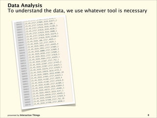 Data Analysis
To understand the data, we use whatever tool is necessary




presented by Interactive Things                             8
 