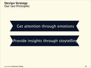 Design Strategy
Our two Principles




                    Get attention through emotions


              Provide insights through stoytelling




presented by Interactive Things                      18
 