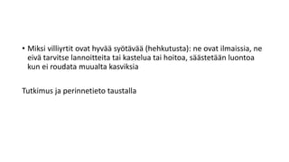 • Miksi villiyrtit ovat hyvää syötävää (hehkutusta): ne ovat ilmaissia, ne
eivä tarvitse lannoitteita tai kastelua tai hoitoa, säästetään luontoa
kun ei roudata muualta kasviksia
Tutkimus ja perinnetieto taustalla
 
