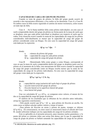 CAPACIDAD DE CARGA DE GRUPO DE PILOTES 
Cuando se trata de grupos de pilotes, la falla del grupo puede ocurrir de 
acuerdo a dos mecanismos diferentes, a los cuales se les denomina Caso A y Caso B. 
En ambos casos la falla ocurre siguiendo el camino de menor resistencia, como ocurre 
en todo tipo de falla. 
Caso A : Se le llama también falla como pilotes individuales; en este caso el 
suelo comprendido dentro del grupo de pilotes no forma parte de la masa de suelo que 
se desplaza, sino que cada pilote individual se desplaza con respecto al suelo que lo 
rodea. Esta situación ocurre cuando la suma de las capacidades de carga de los pilotes 
considerados individualmente es menor que la capacidad de carga del grupo de 
pilotes considerado como un bloque. En este caso la capacidad de carga del grupo 
está dada por la expresión: 
Q`dg = n * Qdi (3) 
donde: 
n : número de pilotes del grupo 
Qdi : capacidad de carga de cada pilote aislado 
Q`dg : capacidad de carga del grupo de pilotes 
Caso B : Denominado falla como grupo o como bloque, corresponde al 
caso en que la masa de suelo comprendida dentro del grupo se desplaza junto con los 
pilotes en el momento de la falla; este mecanismo de falla ocurre cuando la capacidad 
de carga del grupo considerado como un bloque resulta menor que la suma de las 
capacidades de carga de los pilotes individuales. En este caso la capacidad de carga 
del grupo viene dada por la expresión: 
Q”dg = qd*Ag + Σ Ss Alg 
donde: 
qd : capacidad de carga (unitaria) del suelo bajo el grupo de pilotes 
Ag : sección transversal del grupo de pilotes 
Ss : fricción lateral en la superficie lateral del grupo 
ALg : área lateral del grupo 
Una vez calculados Q` dg y Q”dg , se comparan estos valores; el menor de los 
dos es la capacidad de carga del grupo de pilotes. 
El análisis de los resultados que se obtienen de los cálculos antes indicados, 
arroja las siguientes conclusiones: 
- Sólo puede ocurrir que Q”dg  Q` dg para pilotes de fricción en arcilla. En 
estos casos se deben calcular ambos valores y tomar el menor. 
- Para pilotes de fricción en arena y pilotes de punta, siempre se obtiene 
Q”dgQ`dg . En consecuencia, en estos casos es innecesario hacer el cálculo del Caso 
B. siendo suficiente trabajar con las capacidades de carga de los pilotes aislados. 
Esto es aplicable en el presente proyecto, pues tenemos suelos granulares; y la 
punta del pilote se cimienta sobre una arena fina densa; por lo que la capacidad de 
carga de grupo de pilotes se hallará sumando las capacidades de carga de los pilotes 
(3) R. MICHELENA. Mecánica de suelos aplicada. pág. 171. 
11 
 