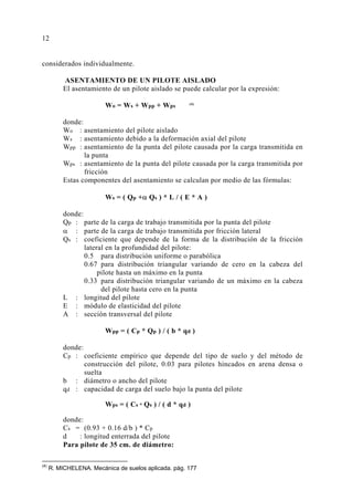 12 
considerados individualmente. 
ASENTAMIENTO DE UN PILOTE AISLADO 
El asentamiento de un pilote aislado se puede calcular por la expresión: 
Wo = Ws + Wpp + Wps (4) 
donde: 
Wo : asentamiento del pilote aislado 
Ws : asentamiento debido a la deformación axial del pilote 
Wpp : asentamiento de la punta del pilote causada por la carga transmitida en 
la punta 
Wps : asentamiento de la punta del pilote causada por la carga transmitida por 
fricción 
Estas componentes del asentamiento se calculan por medio de las fórmulas: 
Ws = ( Qp +α Qs ) * L / ( E * A ) 
donde: 
Qp : parte de la carga de trabajo transmitida por la punta del pilote 
α : parte de la carga de trabajo transmitida por fricción lateral 
Qs : coeficiente que depende de la forma de la distribución de la fricción 
lateral en la profundidad del pilote: 
0.5 para distribución uniforme o parabólica 
0.67 para distribución triangular variando de cero en la cabeza del 
pilote hasta un máximo en la punta 
0.33 para distribución triangular variando de un máximo en la cabeza 
del pilote hasta cero en la punta 
L : longitud del pilote 
E : módulo de elasticidad del pilote 
A : sección transversal del pilote 
Wpp = ( Cp * Qp ) / ( b * qd ) 
donde: 
Cp : coeficiente empírico que depende del tipo de suelo y del método de 
construcción del pilote, 0.03 para pilotes hincados en arena densa o 
suelta 
b : diámetro o ancho del pilote 
qd : capacidad de carga del suelo bajo la punta del pilote 
Wps = ( Cs * Qs ) / ( d * qd ) 
donde: 
Cs = (0.93 + 0.16 d/b ) * Cp 
d : longitud enterrada del pilote 
Para pilote de 35 cm. de diámetro: 
(4) R. MICHELENA. Mecánica de suelos aplicada. pág. 177 
 