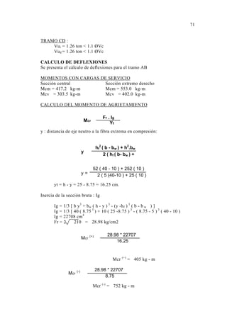 TRAMO CD : 
Vui = 1.26 ton  1.1 ØVc 
Vud = 1.26 ton  1.1 ØVc 
CALCULO DE DEFLEXIONES 
Se presenta el cálculo de deflexiones para el tramo AB 
MOMENTOS CON CARGAS DE SERVICIO 
Sección central Sección extremo derecho 
Mcm = 417.2 kg-m Mcm = 553.0 kg-m 
Mcv = 303.5 kg-m Mcv = 402.0 kg-m 
CALCULO DEL MOMENTO DE AGRIETAMIENTO 
Fr . Ig 
Mcr Yt 
y : distancia de eje neutro a la fibra extrema en compresión: 
2 ( b - bw ) + h2.bw 
2 ( hf ( b- bw ) + 
yt = h - y = 25 - 8.75 = 16.25 cm. 
Inercia de la sección bruta : Ig 
Ig = 1/3 [ b y3 + bw ( h - y ) 3 - (y -hf ) 3 ( b - b w ) ] 
Ig = 1/3 [ 40 ( 8.75 3 ) + 10 ( 25 -8.75 ) 3 - ( 8.75 - 5 ) 3 ( 40 - 10 ) 
Ig = 22708 cm4 
Fr = 2 210 = 28.98 kg/cm2 
Mcr (+) = 405 kg - m 
Mcr (-) = 752 kg - m 
y 
hf 
y = 
52 ( 40 - 10 ) + 252 ( 10 ) 
2 ( 5 (40-10 ) + 25 ( 10 ) 
Mcr (+ ) 28.98 * 22707 
16.25 
Mcr (-) 
28.98 * 22707 
8.75 
71 
 