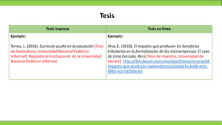 Tesis
Tesis impresa Tesis en línea
Ejemplo:
Torres, L. (2018). Currículo oculto en la educación [Tesis
de licenciatura, Universidad Nacional Federico
Villarreal]. Repositorio Institucional de la Universidad
Nacional Federico Villarreal.
Ejemplo:
Alva, E. (2010). El impacto que producen los beneficios
tributarios en la formalización de las microempresas: El caso
de Lima Cercado, Perú [Tesis de maestría, Universidad de
Deusto]. http://dkh.deusto.es/comunidad/thesis/recurso/el-
impacto-que-producen-losbeneficios/d2cbe57e-6c68-4c5c-
89b5-b2c7d1b0ecb3
 