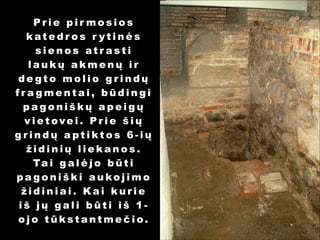 Prie pir mosios
katedros r ytinės
sienos atrasti
laukų akmenų ir
degto molio grindų
fragmentai, būdingi
pagoniškų apeigų
vietovei. Prie šių
grindų aptiktos 6-ių
židinių liekanos.
Ta i g a l ė j o b ū t i
pa goniški aukojimo
židiniai. Kai kurie
iš jų gali būti iš 1ojo tūkstantmečio.

 