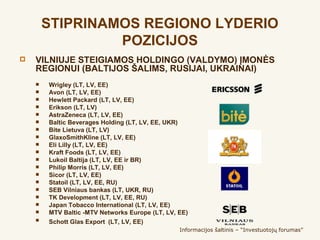 STIPRINAMOS REGIONO LYDERIO
                 POZICIJOS
   VILNIUJE STEIGIAMOS HOLDINGO (VALDYMO) ĮMONĖS
    REGIONUI (BALTIJOS ŠALIMS, RUSIJAI, UKRAINAI)
       Wrigley (LT, LV, EE)
       Avon (LT, LV, EE)
       Hewlett Packard (LT, LV, EE)
       Erikson (LT, LV)
       AstraZeneca (LT, LV, EE)
       Baltic Beverages Holding (LT, LV, EE, UKR)
       Bite Lietuva (LT, LV)
       GlaxoSmithKline (LT, LV, EE)
       Eli Lilly (LT, LV, EE)
       Kraft Foods (LT, LV, EE)
       Lukoil Baltija (LT, LV, EE ir BR)
       Philip Morris (LT, LV, EE)
       Sicor (LT, LV, EE)
       Statoil (LT, LV, EE, RU)
       SEB Vilniaus bankas (LT, UKR, RU)
       TK Development (LT, LV, EE, RU)
       Japan Tobacco International (LT, LV, EE)
       MTV Baltic -MTV Networks Europe (LT, LV, EE)
       Schott Glas Export (LT, LV, EE)
                                                 Informacijos šaltinis – “Investuotojų forumas”
 
