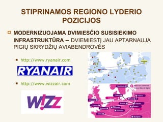 STIPRINAMOS REGIONO LYDERIO
                 POZICIJOS
   MODERNIZUOJAMA DVIMIESČIO SUSISIEKIMO
    INFRASTRUKTŪRA – DVIEMIESTĮ JAU APTARNAUJA
    PIGIŲ SKRYDŽIŲ AVIABENDROVĖS

       http://www.ryanair.com




       http://www.wizzair.com
 