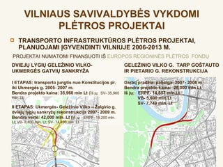 VILNIAUS SAVIVALDYBĖS VYKDOMI
             PLĖTROS PROJEKTAI
   TRANSPORTO INFRASTRUKTŪROS PLĖTROS PROJEKTAI,
    PLANUOJAMI ĮGYVENDINTI VILNIUJE 2006-2013 M.
PROJEKTAI NUMATOMI FINANSUOTI IŠ EUROPOS REGIONINĖS PLĖTROS FONDŲ
DVIEJŲ LYGIŲ GELEŽINIO VILKO-                             GELEŽINIO VILKO G. TARP GOŠTAUTO
UKMERGĖS GATVIŲ SANKRYŽA                                  IR PIETARIO G. REKONSTRUKCIJA

I ETAPAS: transporto jungtis nuo Konstitucijos pr.        Darbų pradžia- pabaiga: 2007- 2008 m
iki Ukmergės g. 2005- 2007 m.                             Bendra projekto kaina: 28,000 mln Lt
Bendra projekto kaina: 35,960 mln Lt (Iš jų: SV- 35,960   Iš jų: ERPF- 14,657 mln.Lt
mln. Lt)                                                         VB- 5,600 mln.Lt
                                                                 SV- 7,749 mln. Lt
II ETAPAS: Ukmergės- Geležinio Vilko – Žalgirio g.
dviejų lygių sankryžų rekonstrukcija 2007- 2009 m.
Bendra vertė: 42,000 mln. Lt (Iš jų: ERPF- 19,200 mln.
Lt; VB- 8,400 mln. Lt; SV- 14,400 mln. Lt
 