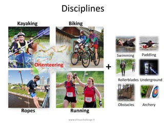 Disciplines
Kayaking

Biking

Swimming

Paddling

+

Orienteering

Rollerblades Underground

Obstacles

Ropes

Running
www.vilniuschallenge.lt

Archery

 